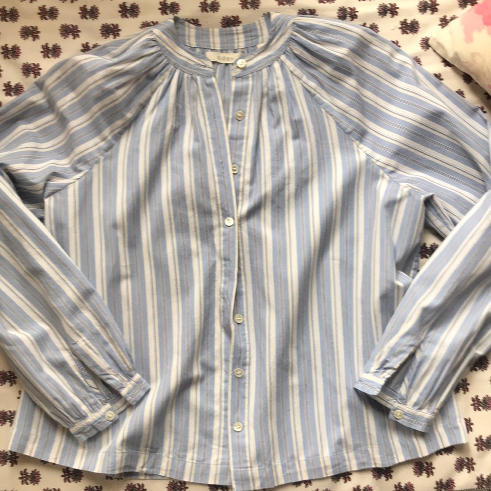 Doen Blue and White Striped Cotton Button-Down Blouse